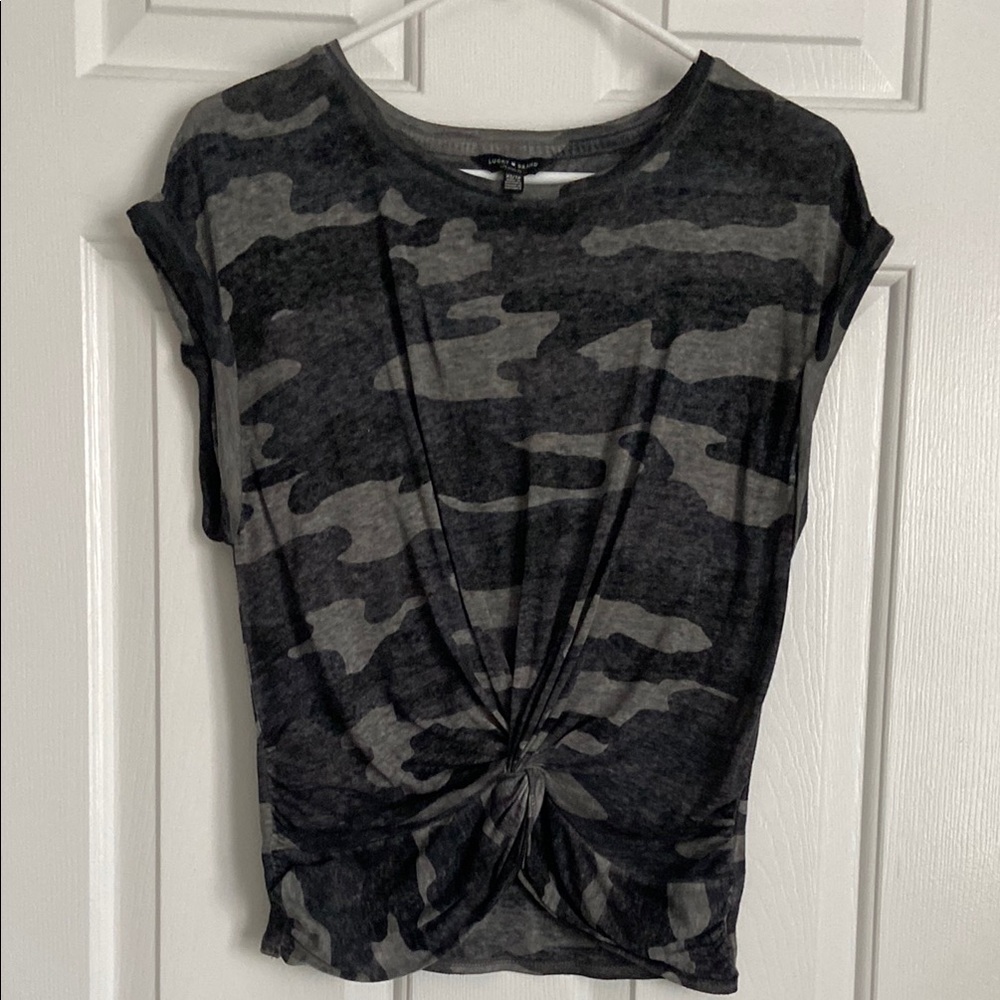 Gray Camo Knot Front Top